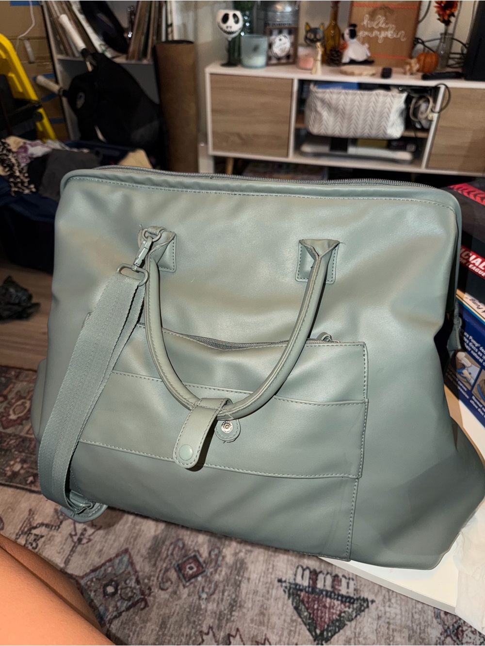 Max Studio Sage Green Leather-Look Large Tote with Strap